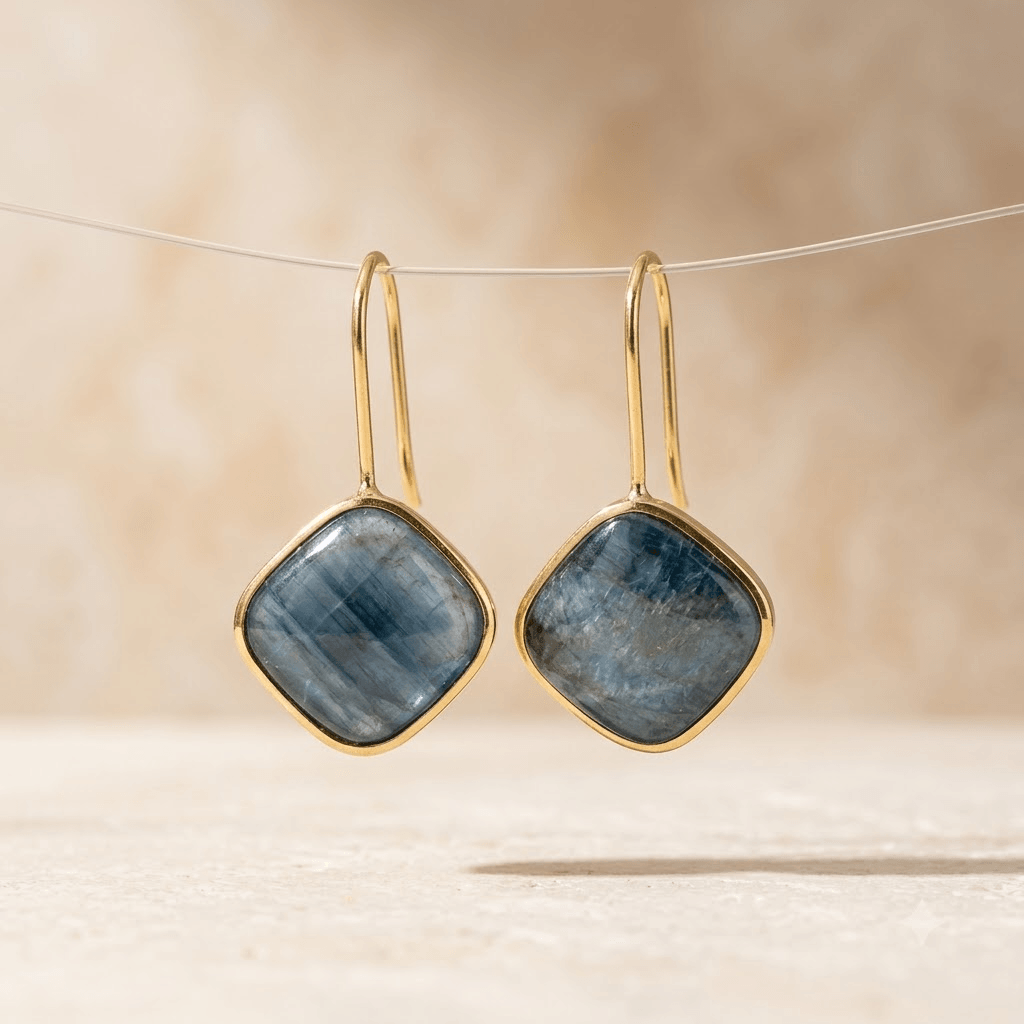 Blue Apatite Gold Cushion Drop Earrings
