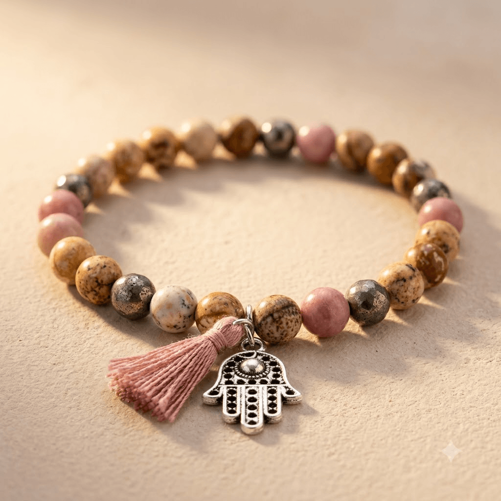 Natural Stone Beaded Hamsa Charm Bracelet