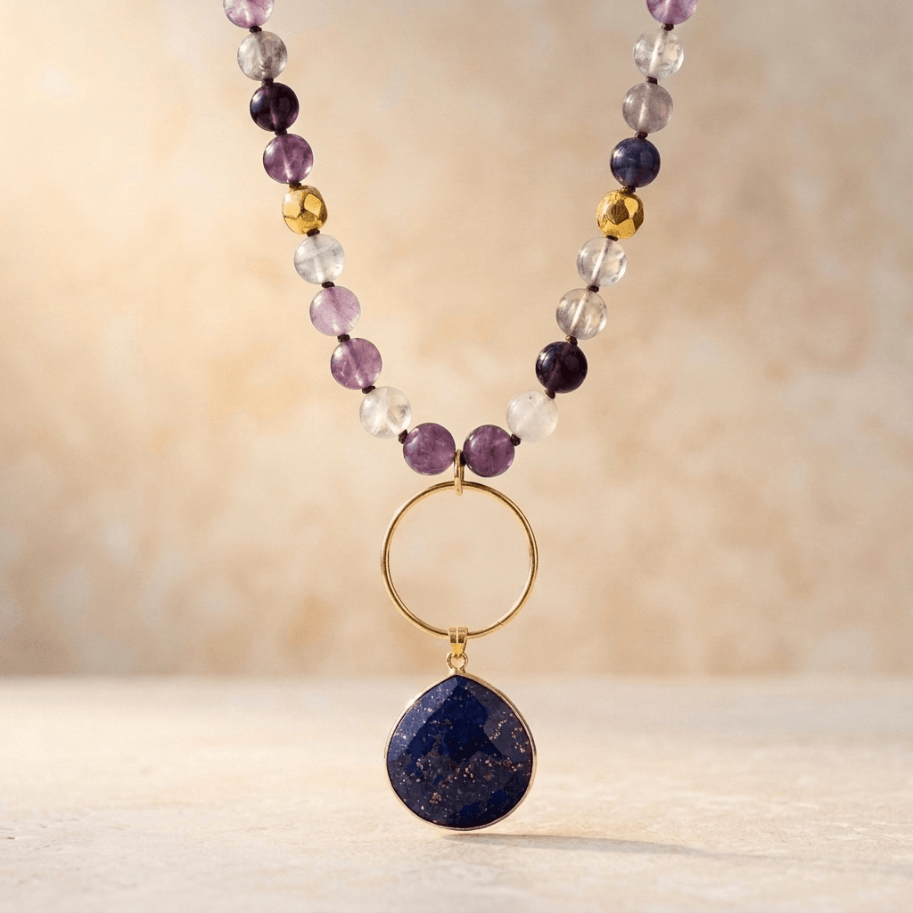 Purple Amethyst Gold Lapis Lazuli Pendant Necklace