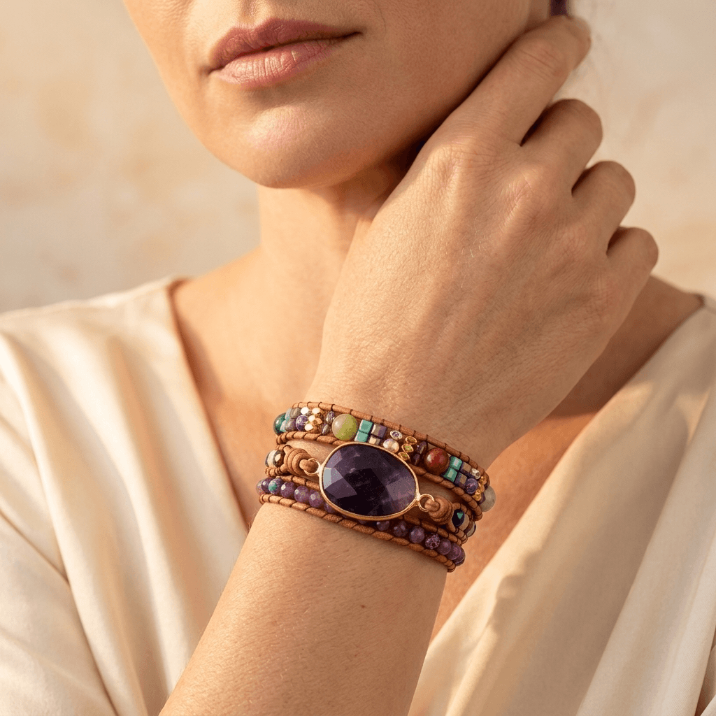 Boho Natural Amethyst Leather Wrap Bracelet