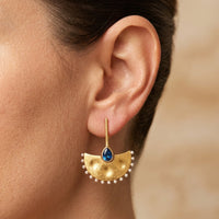 Boho Gold Hammered Fan Blue Sapphire Earrings