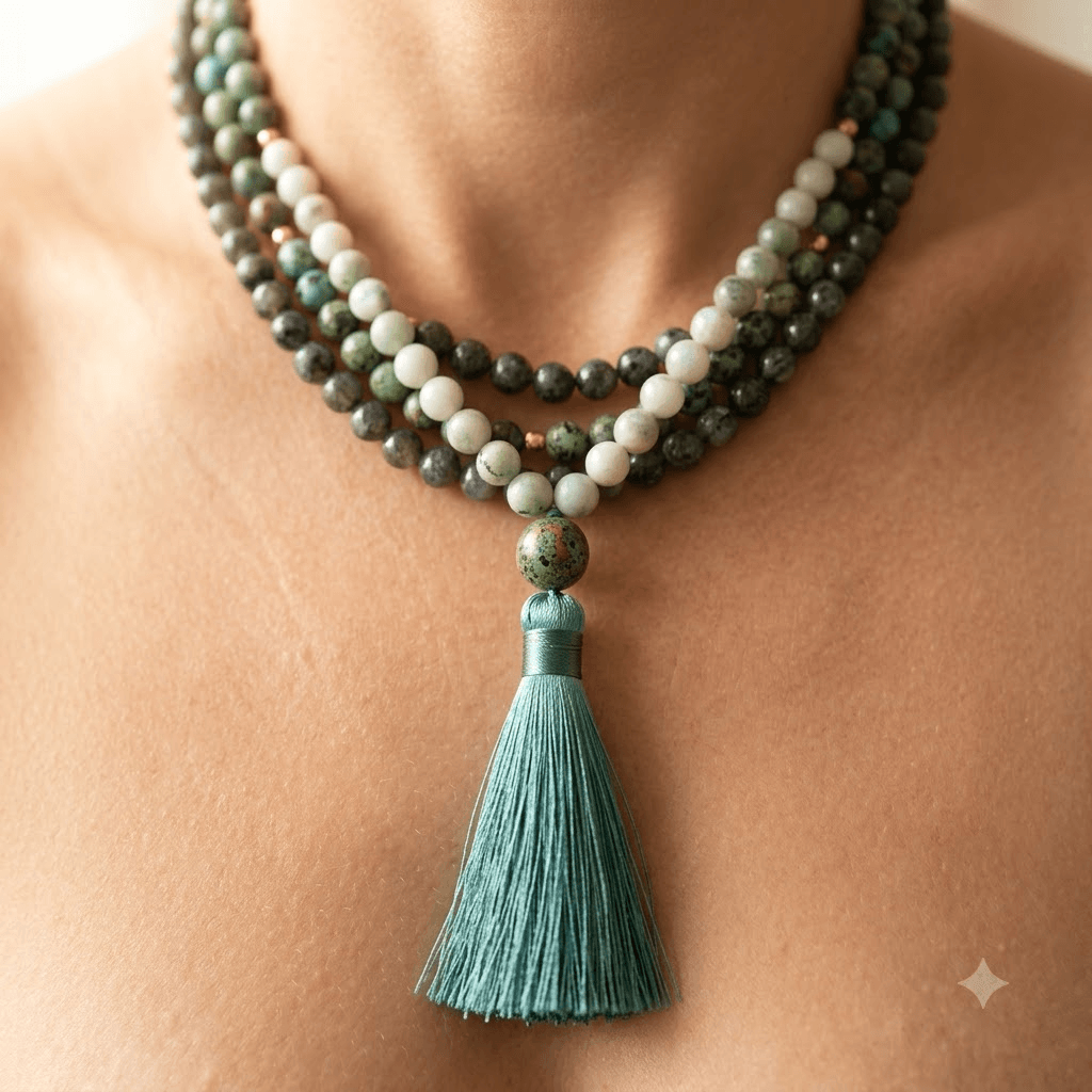Boho Turquoise Labradorite Tassel Mala Necklace