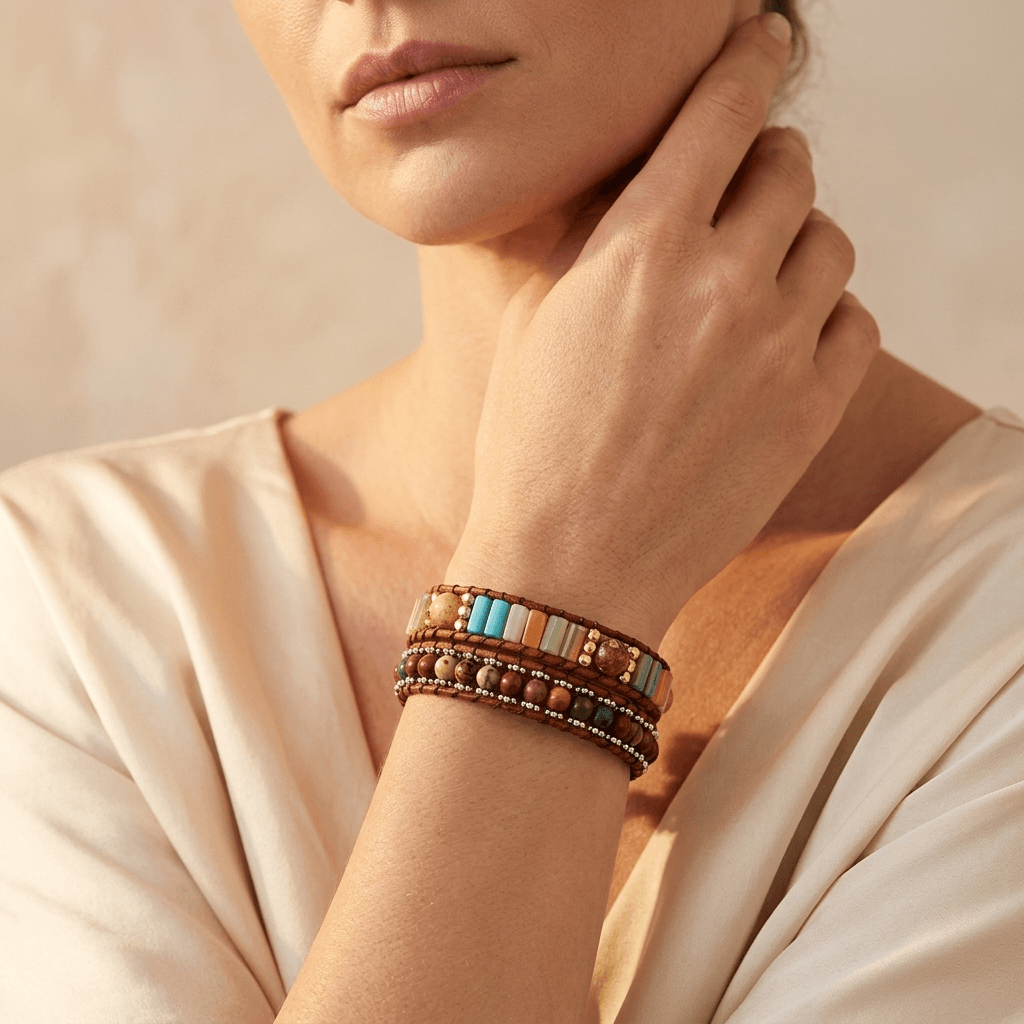 Handmade Jasper Crystal Leather Wrap Bracelet
