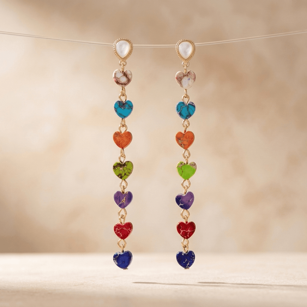 Chakra Rainbow Heart Gold Drop Earrings