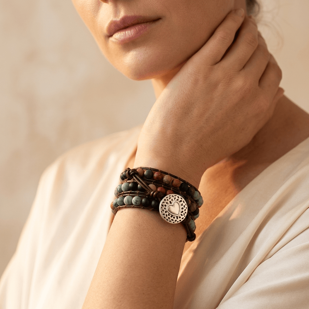 Natural Stone Leather Wrap Heart Bracelet
