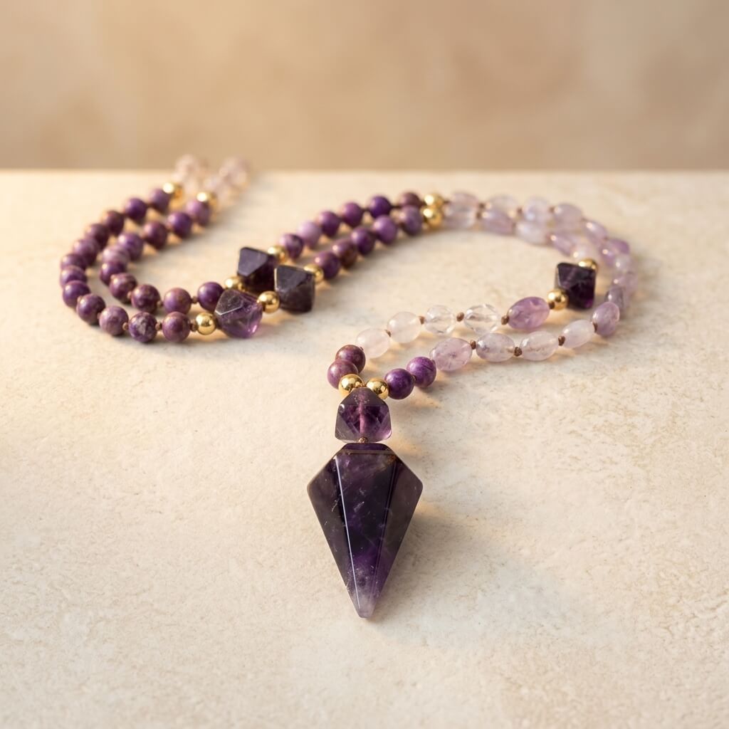 Amethyst Purple Jasper Gold Beaded Necklace