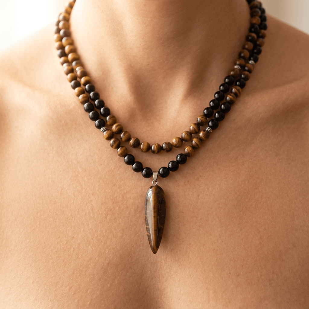 Natural Tiger Eye Black Onyx Mala Necklace