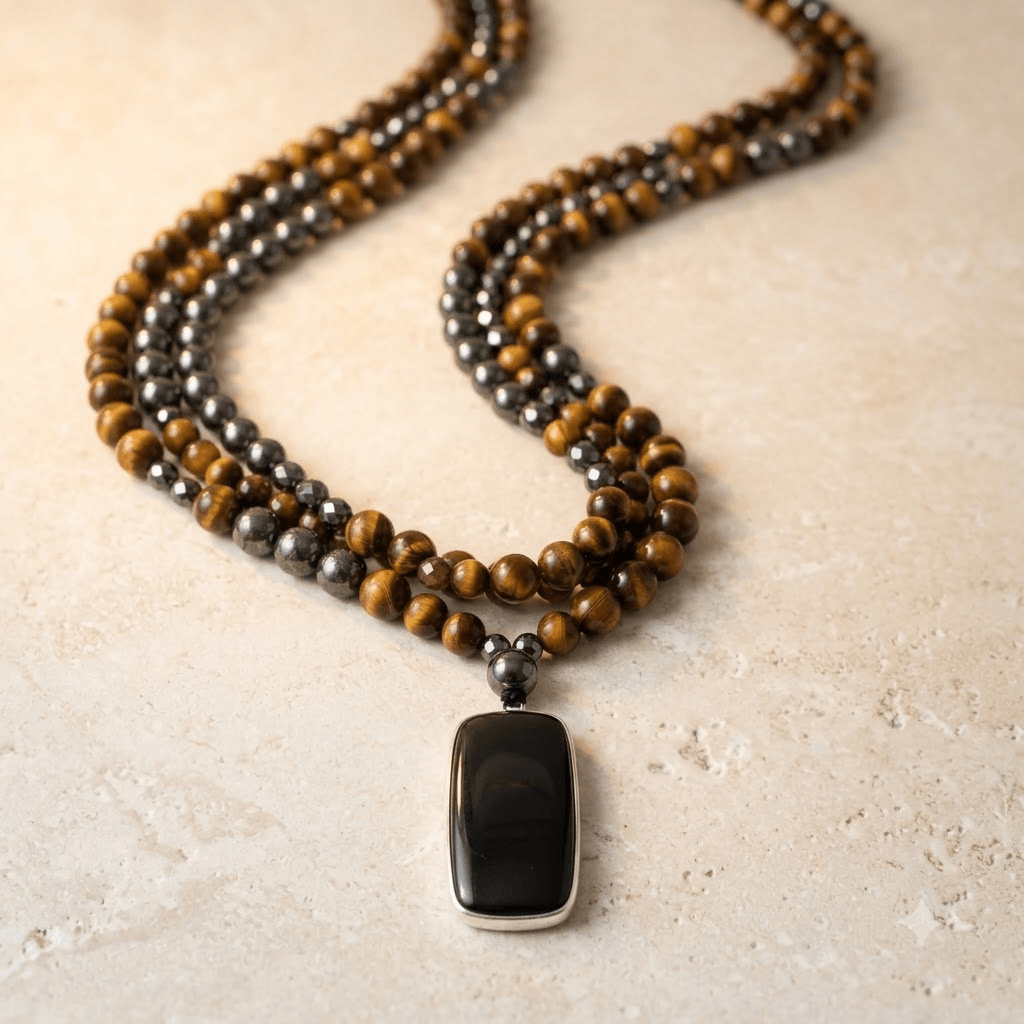 Tiger Eye Hematite Black Onyx Beaded Necklace