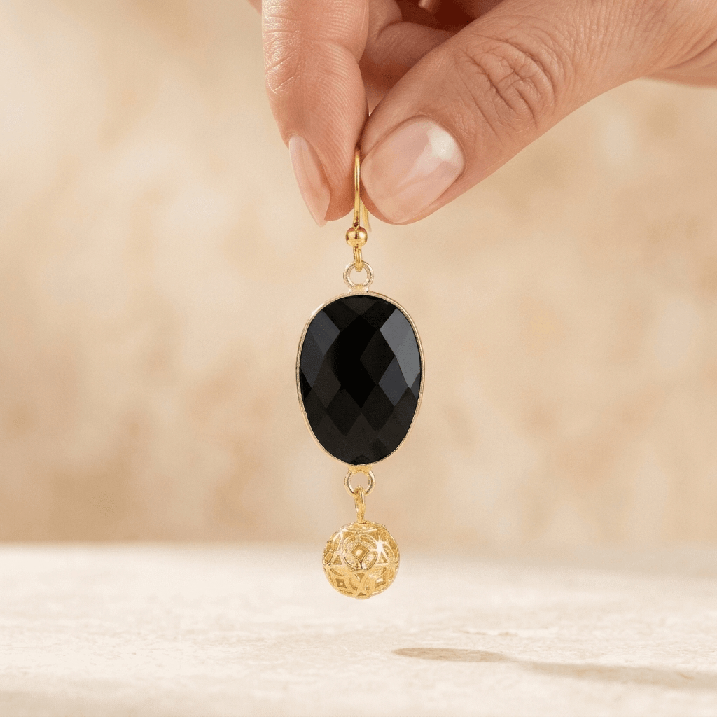 Black Onyx Gold Filigree Ball Drop Earrings