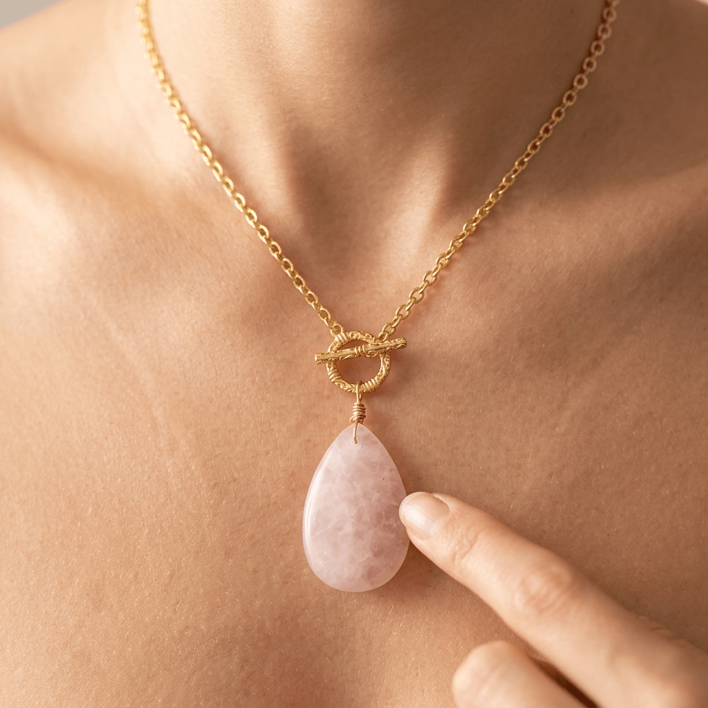 Rose Quartz Teardrop Gold Toggle Necklace