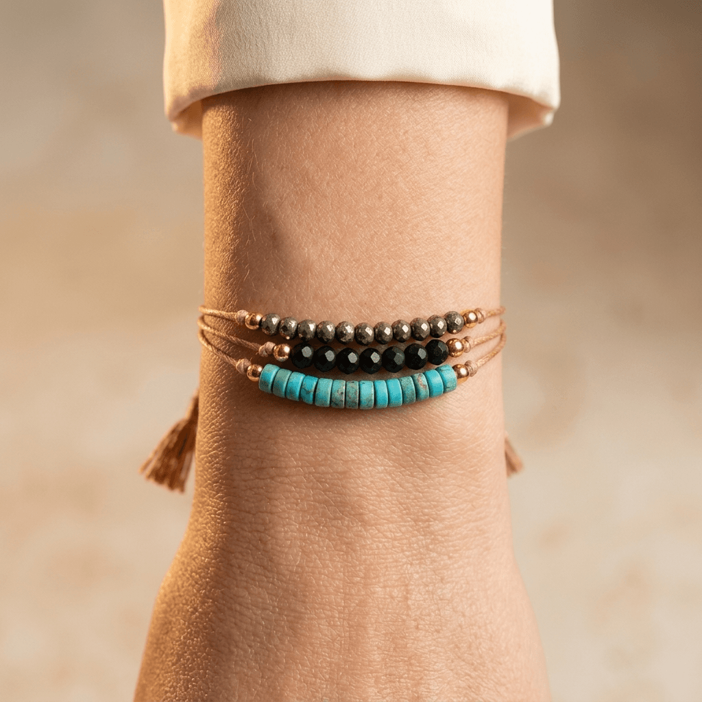Natural Pyrite Onyx Turquoise Beaded Wrap Bracelet