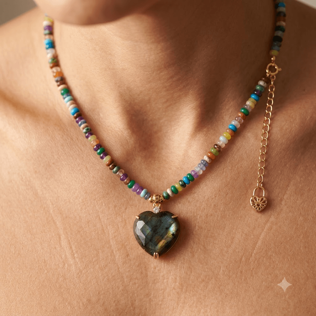 Labradorite Heart Multicolor Beaded Necklace