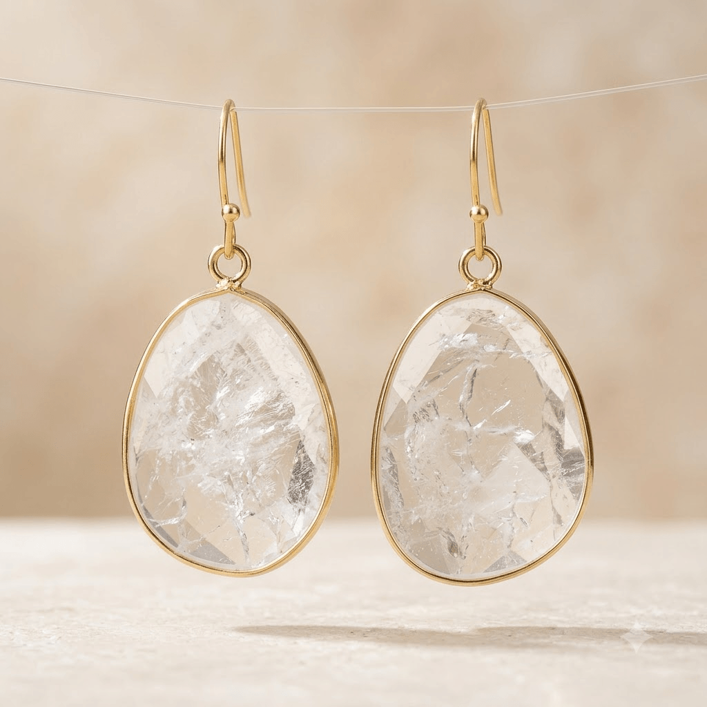 Clear Quartz Gold Teardrop Dangle Earrings