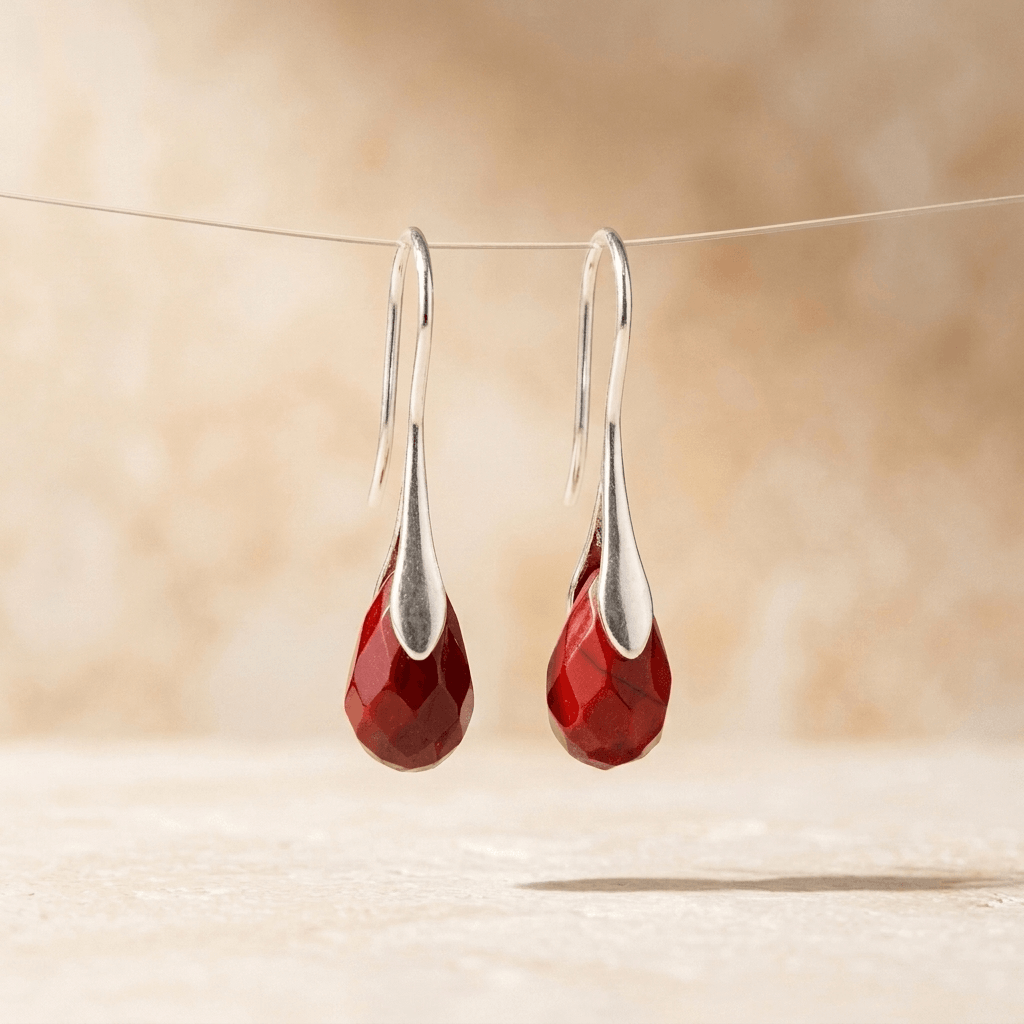 Red Jasper Teardrop Silver Hook Earrings