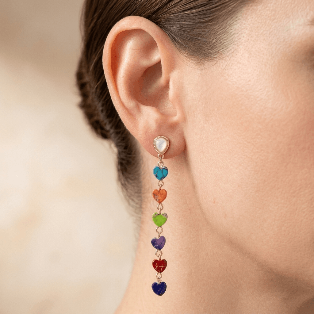 Chakra Rainbow Heart Gold Drop Earrings