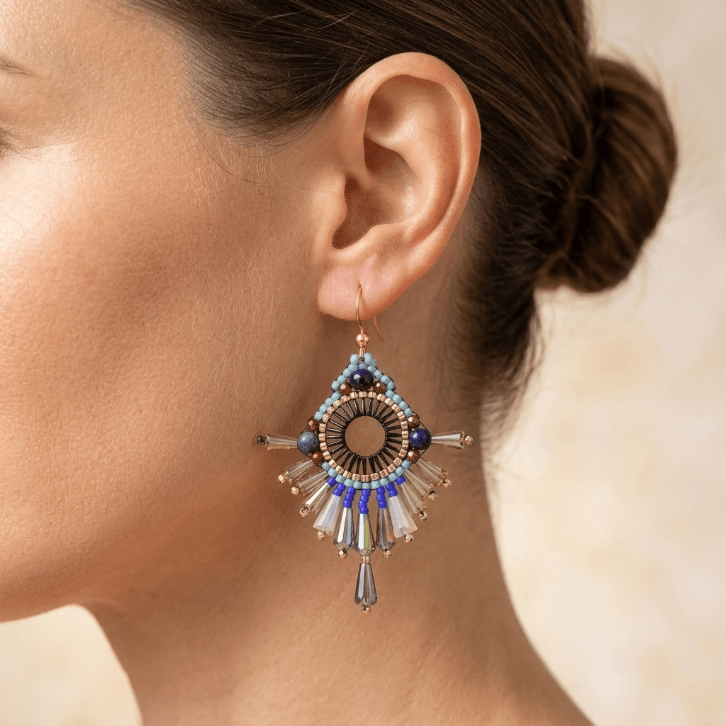 Ethnic Gold Crystal Beaded Dangle Earrings