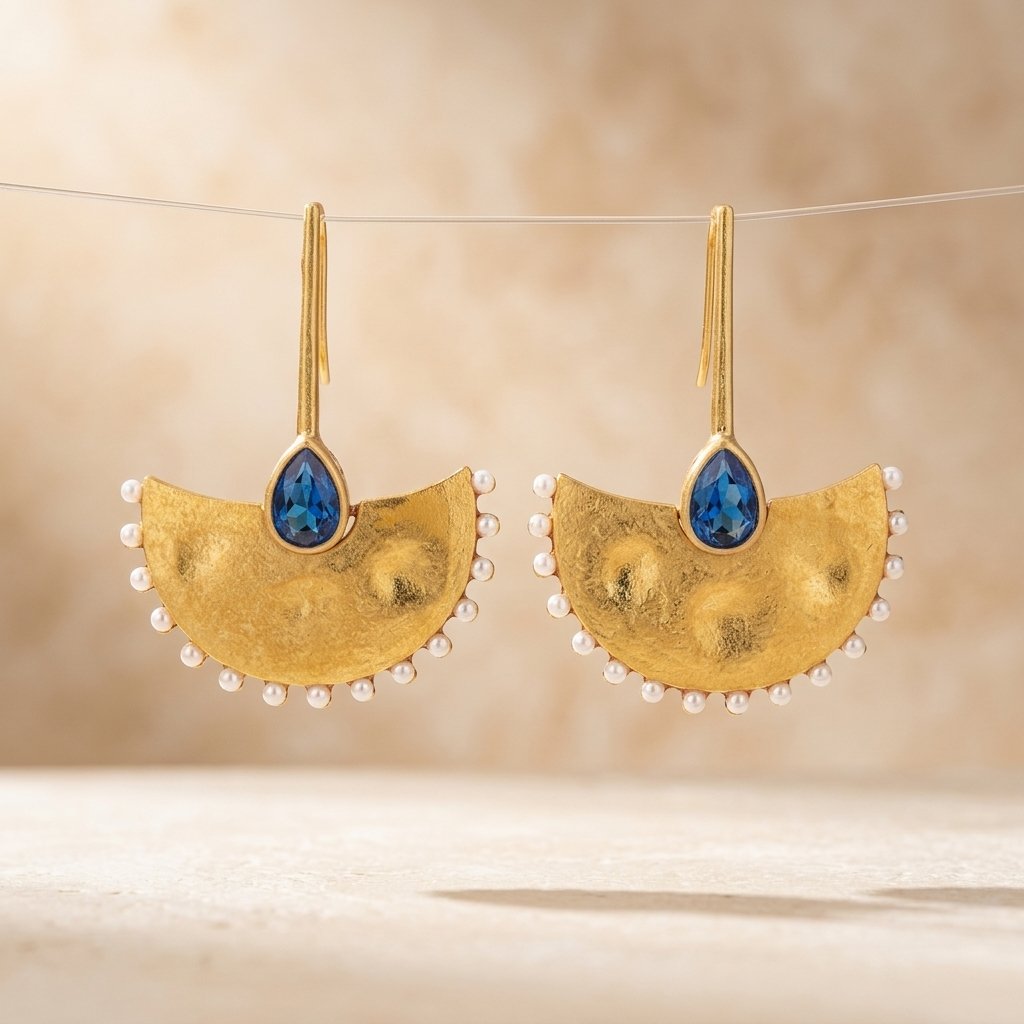 Boho Gold Hammered Fan Blue Sapphire Earrings