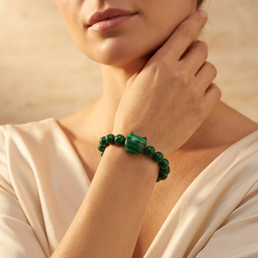 Natural Malachite Cat Head Round Beads Bracelet