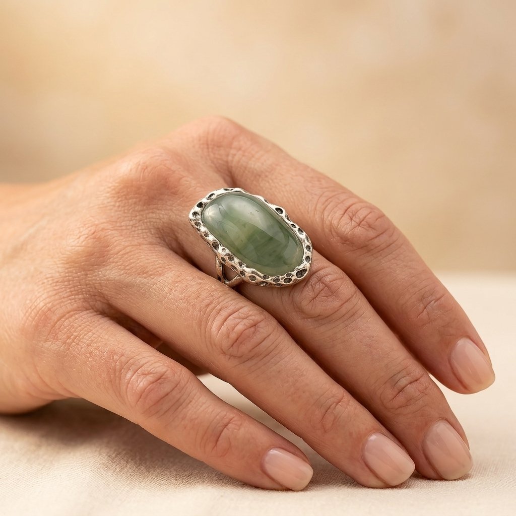Vintage Silver Prehnite Filigree Oval Ring