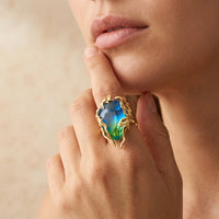 Gold Blue Green Gradient Cushion Ring