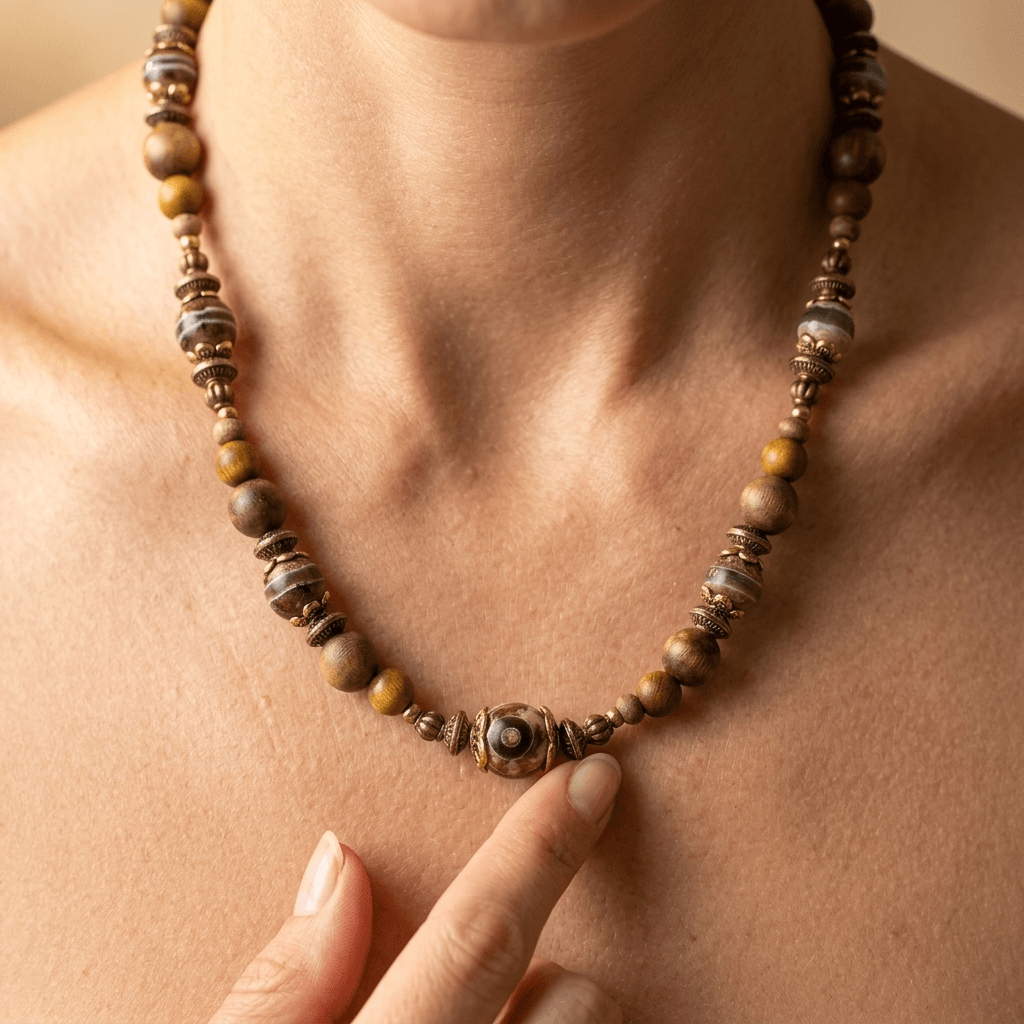 Natural Wood Onyx Striped Beaded Necklace