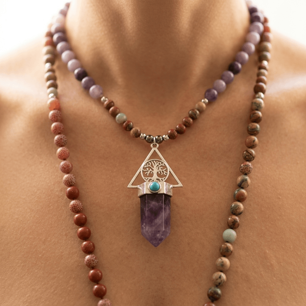 Amethyst Jasper Tree Of Life Bead Necklace