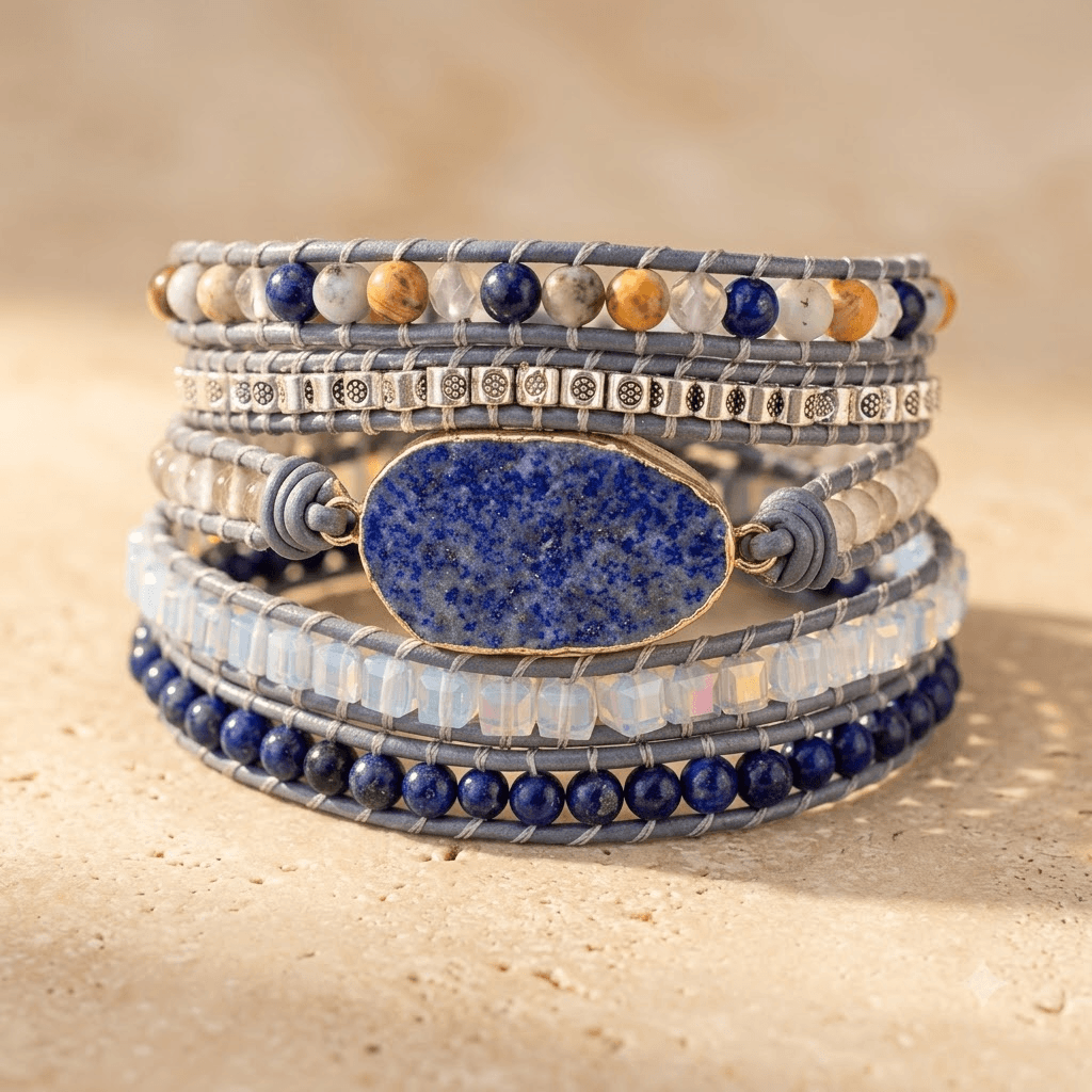 Lapis Lazuli Gold Oval Leather Wrap Bracelet