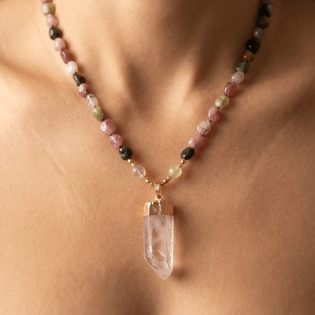 Natural Tourmaline Clear Quartz Gold Pendant Necklace