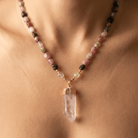 Natural Tourmaline Clear Quartz Gold Pendant Necklace