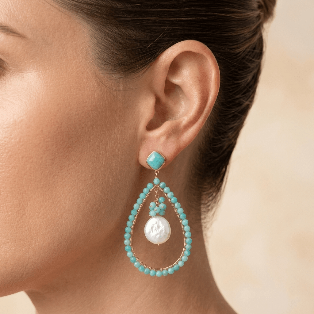 Turquoise Amazonite Gold Teardrop Pearl Earrings