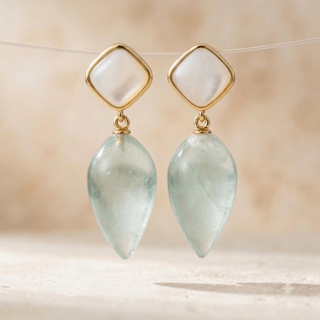 Natural Aquamarine Gold Seashell Drop Earrings