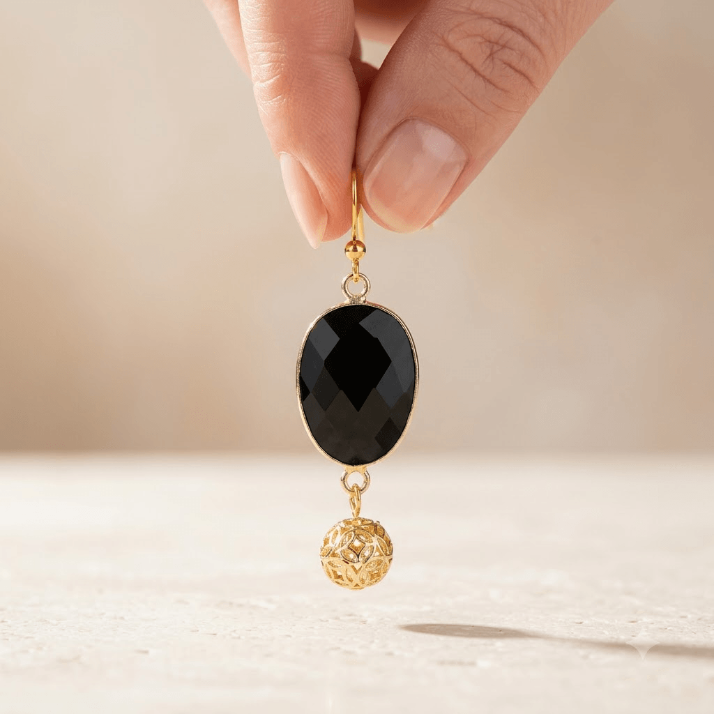 Black Onyx Gold Filigree Ball Drop Earrings