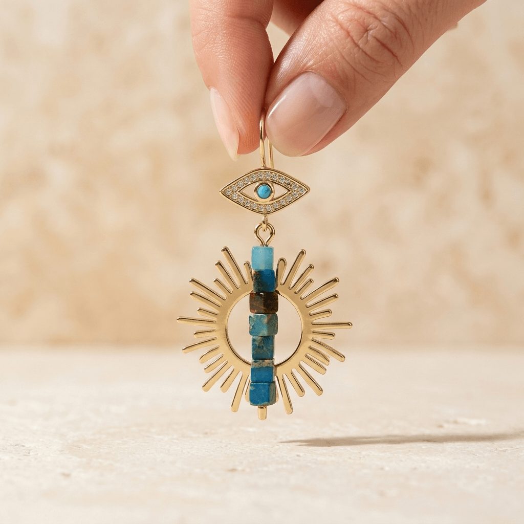 Gold Evil Eye Turquoise Sunburst Drop Earrings