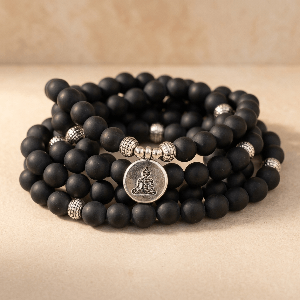 Matte Black Onyx Buddha Charm Beaded Bracelet