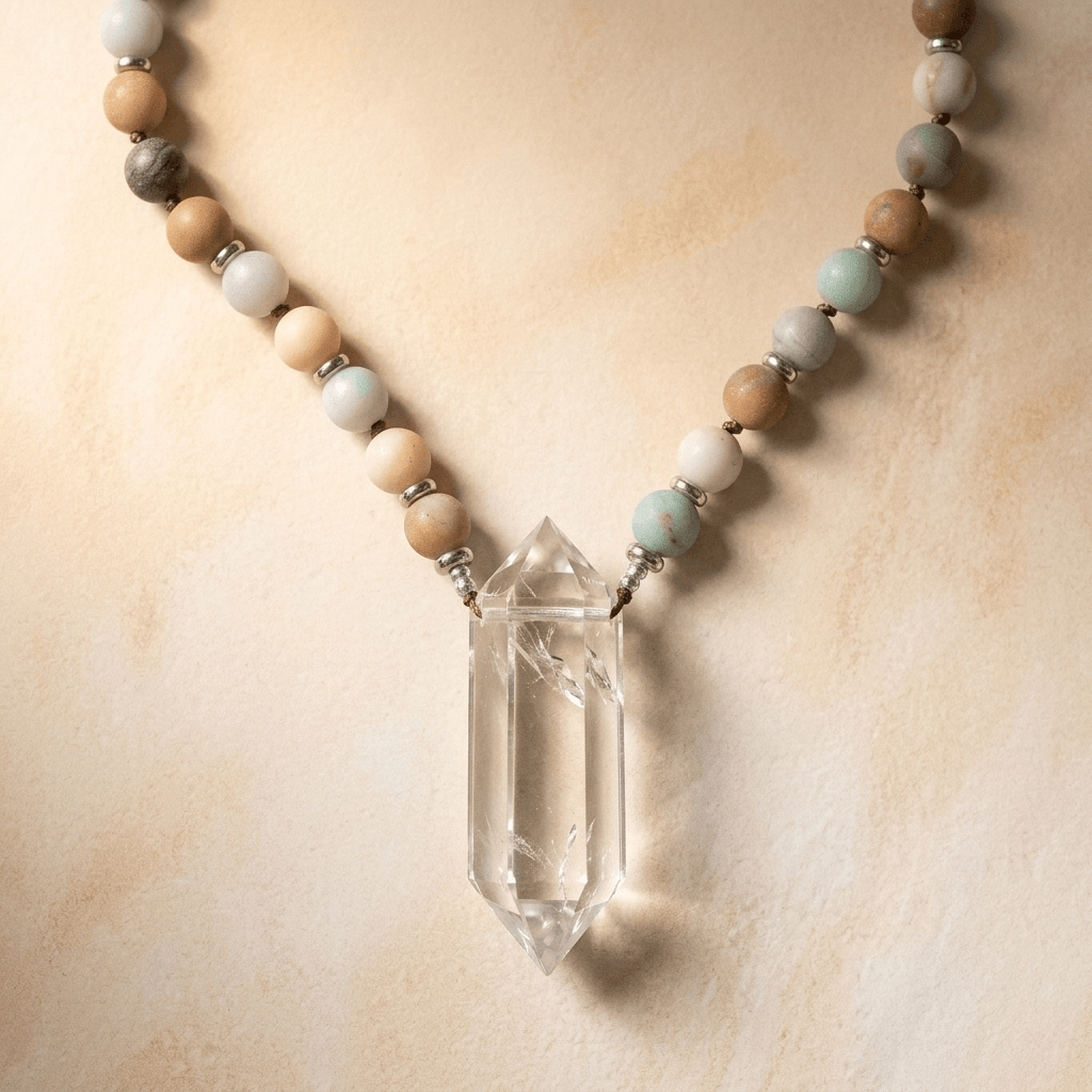 Natural Amazonite Clear Quartz Crystal Pendant Necklace