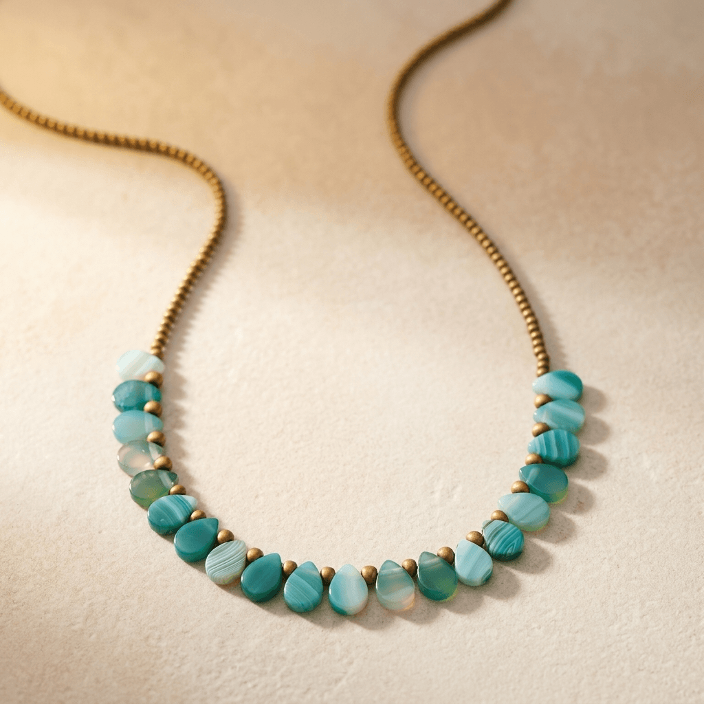 Green Onyx Brass Beaded Long Necklace