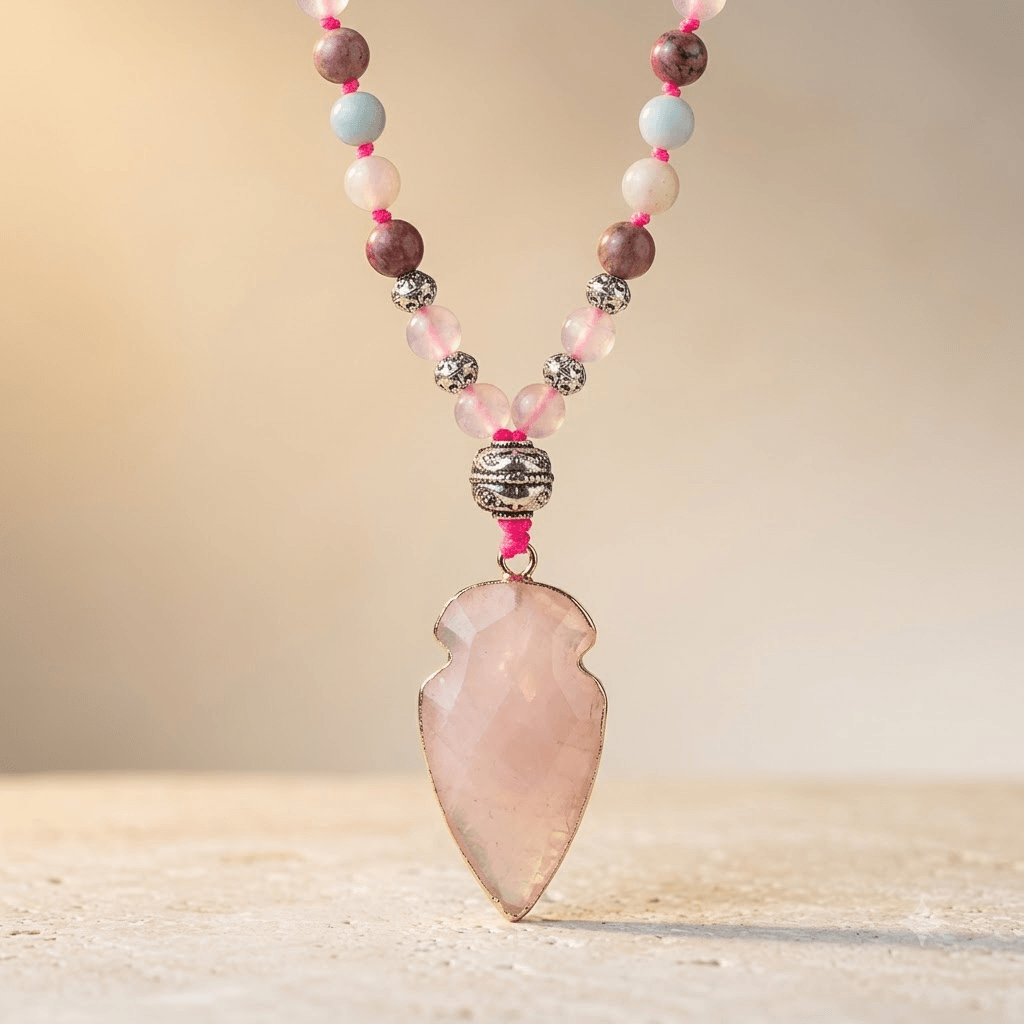 Natural Rose Quartz Arrowhead Beaded Necklace