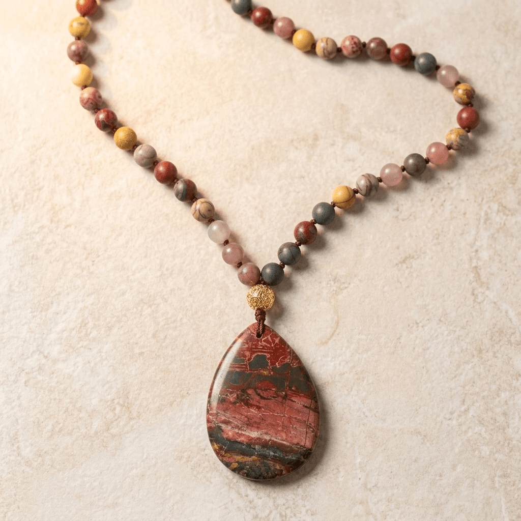Natural Red Jasper Teardrop Pendant Beaded Necklace