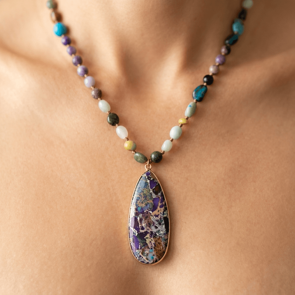 Multistone Gold Beaded Teardrop Pendant Necklace