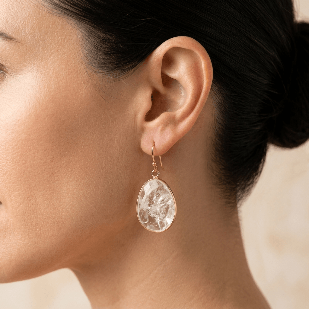 Clear Quartz Gold Teardrop Dangle Earrings