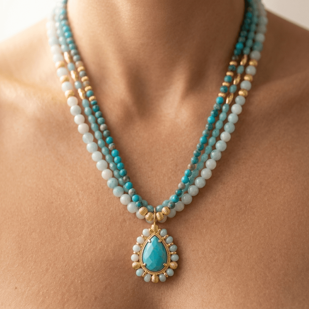 Turquoise Gold Layered Beaded Pendant Necklace