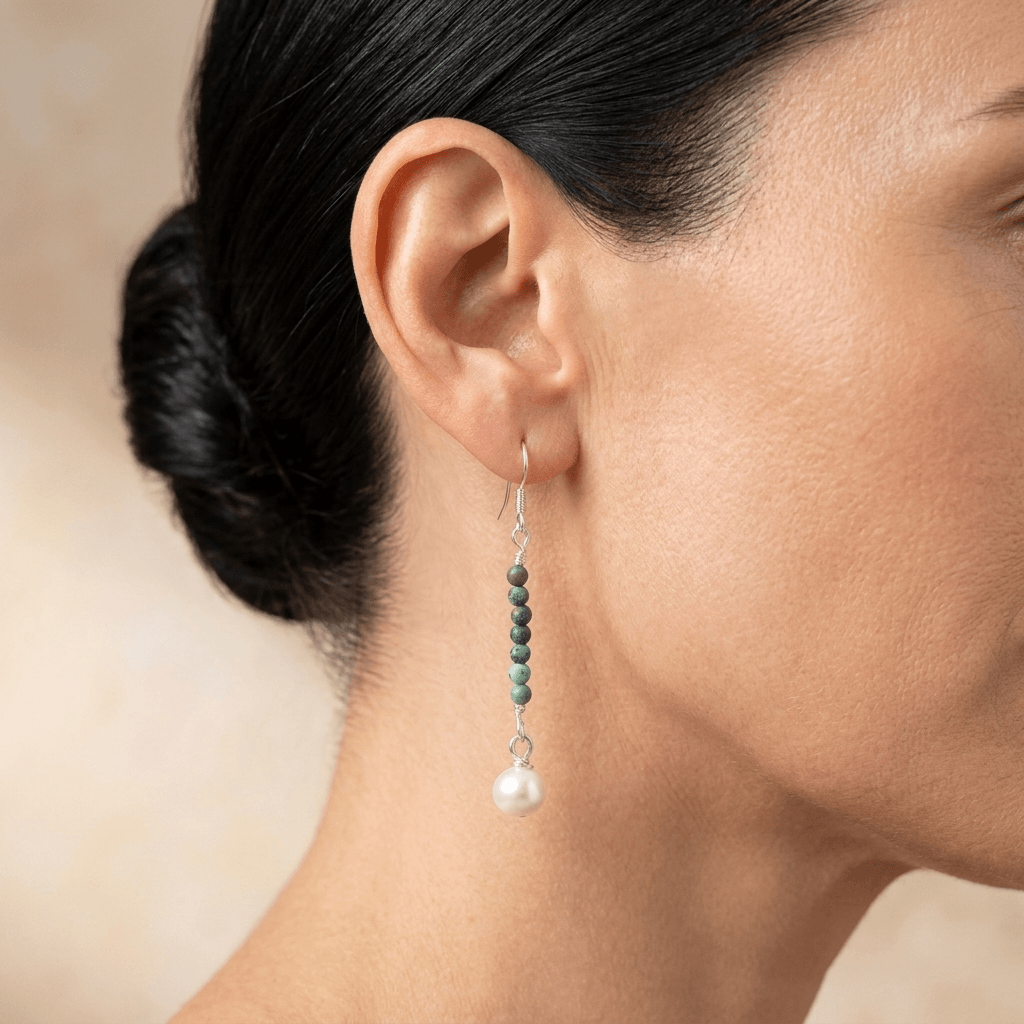 African Turquoise Pearl Silver Drop Earrings