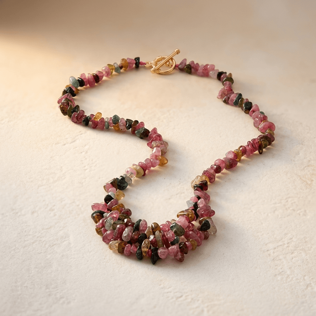 Natural Pink Tourmaline Chip Beaded Necklace