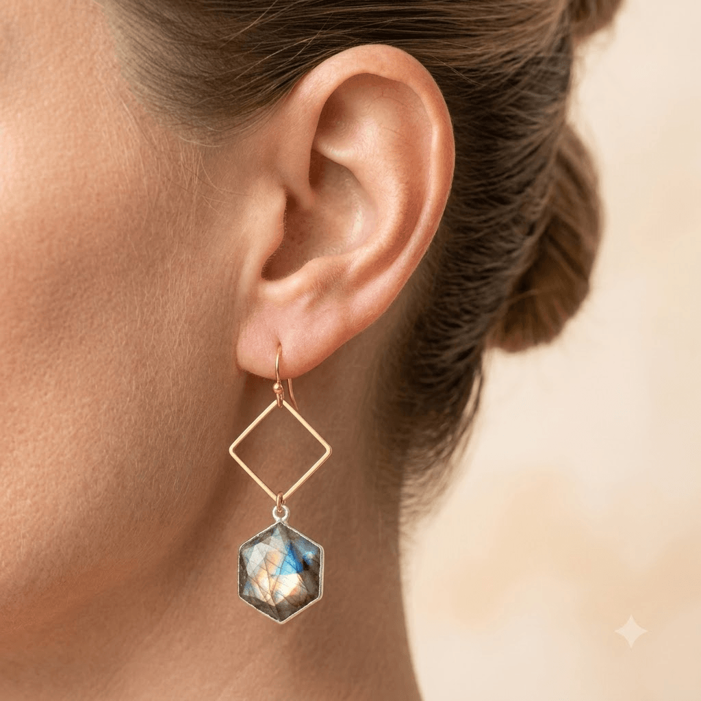 Natural Labradorite Gold Diamond Earrings