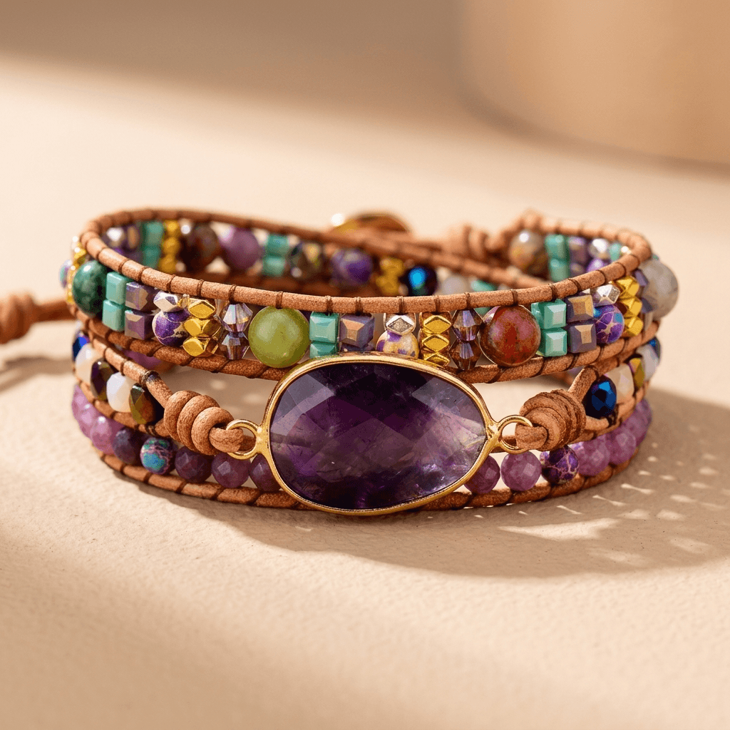 Boho Natural Amethyst Leather Wrap Bracelet
