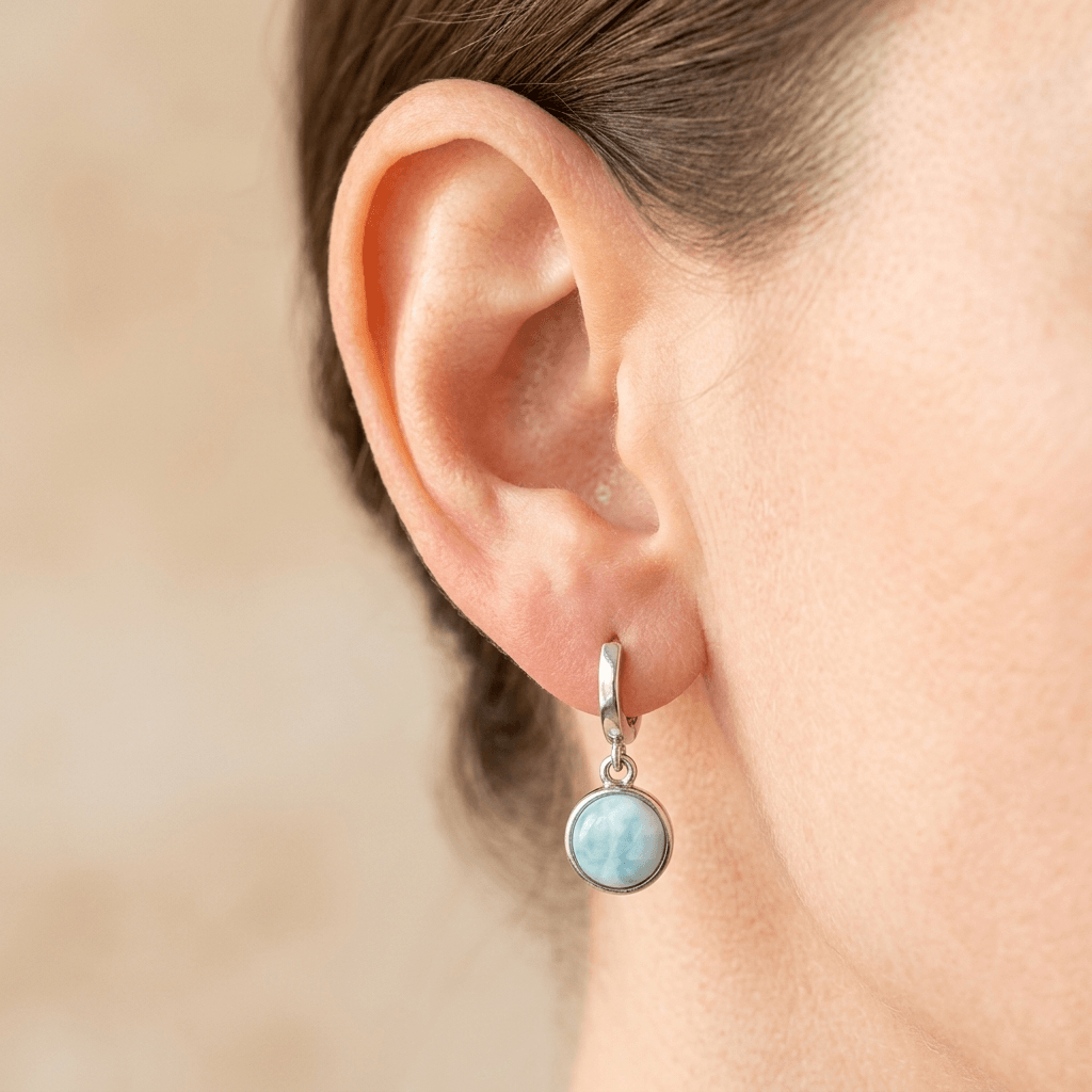 Silver Larimar Round Drop Hoop Earrings