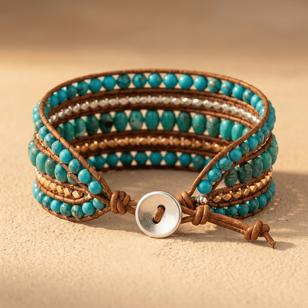 Turquoise Leather Five Layer Wrap Bracelet
