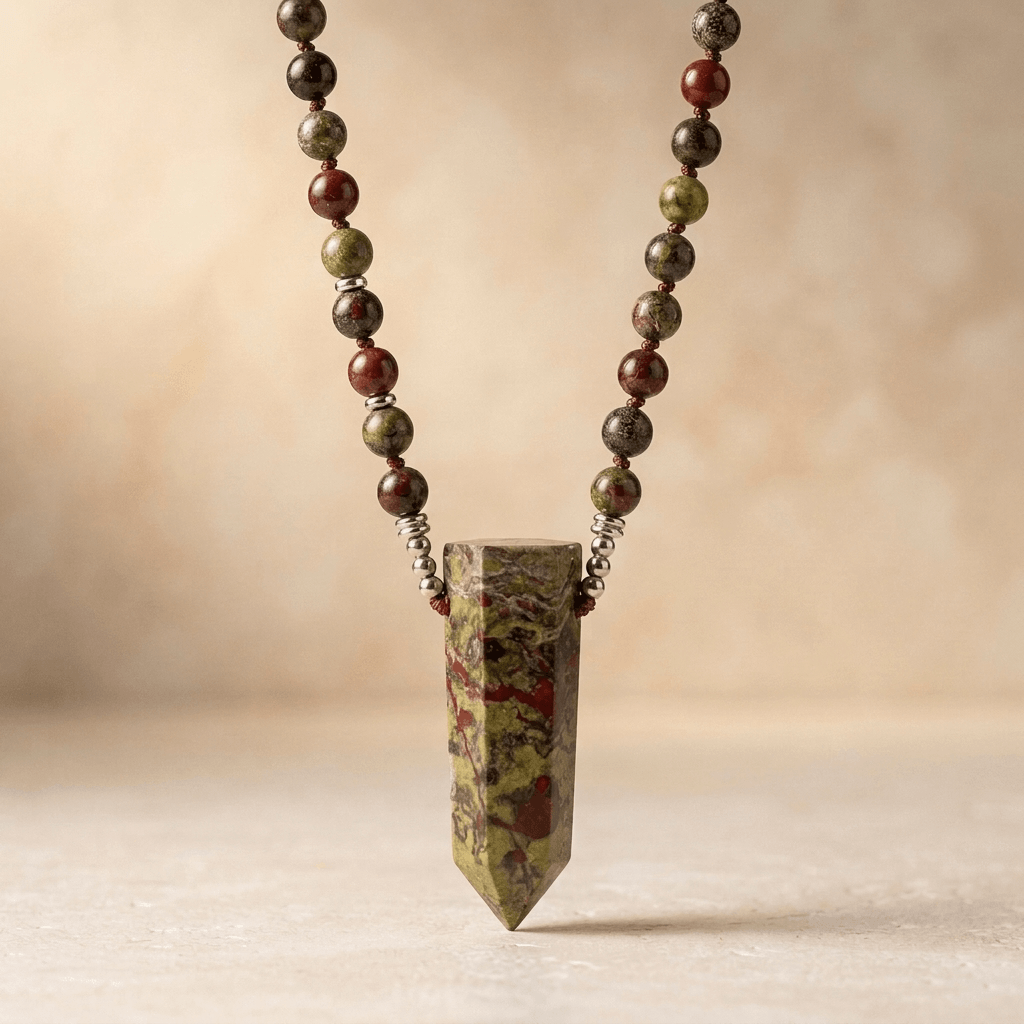 Natural Dragon Blood Jasper Beaded Point Pendant Necklace