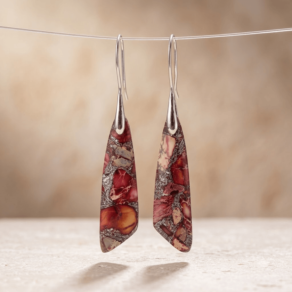 Red Regalite Stone Silver Teardrop Earrings
