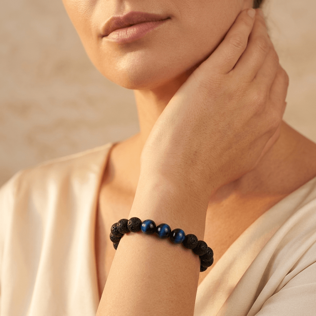 Black Lava Stone Blue Tiger Eye Beads Bracelet